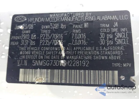 2008 Hyundai Santa Fe Gls z USA, uszkodzony, nr VIN 5NMSG73D18H228192